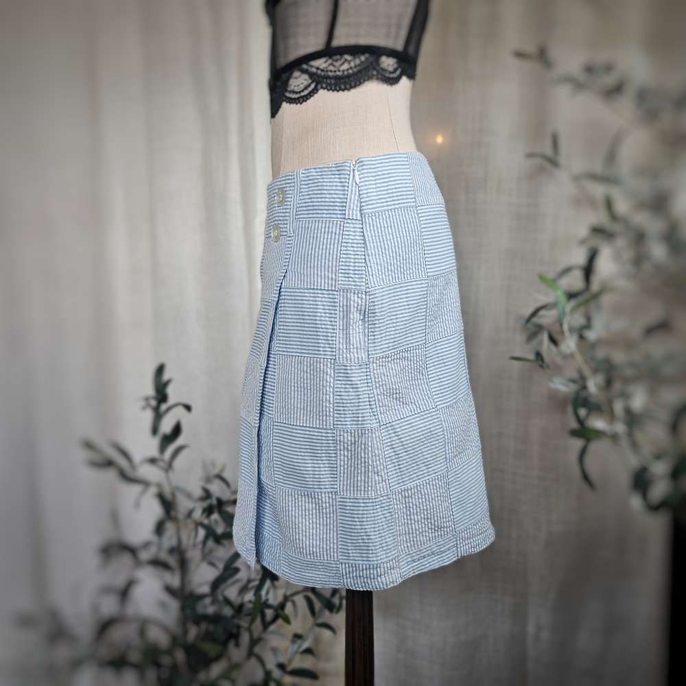 Striped Patchwork Light Blue Pencil Skirt Skort with Button Detail - Picture 3 of 10